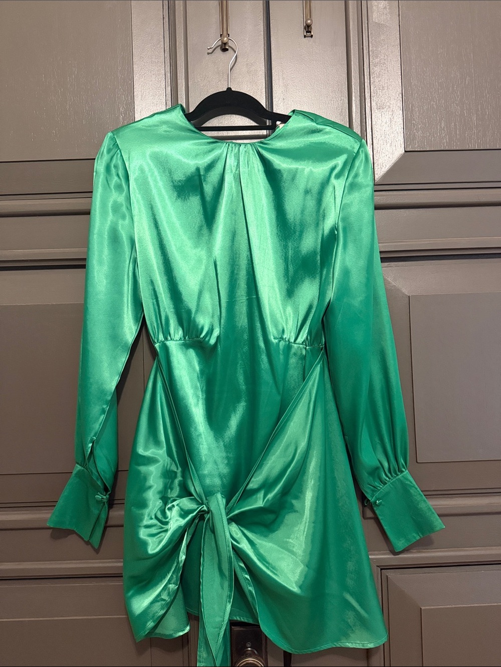 Satin Emerald Long-Sleeve Tie-Waist Dress